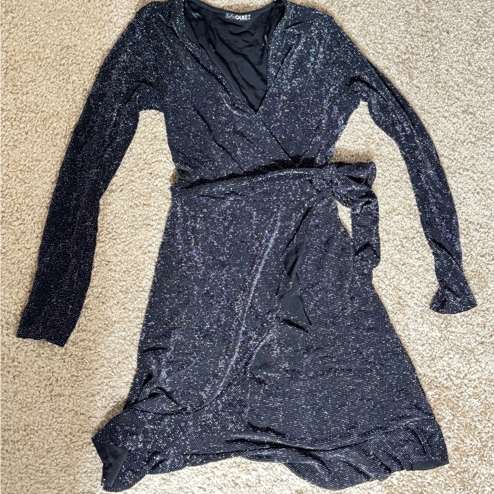 Women’s Sparkly Wrap Dress Long Sleeve V-Neck Ruffle Hem Cocktail Party Dress - Picture 2 of 4